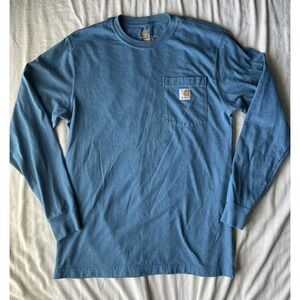 Carhartt Mens Long Sleeve Pocket T-Shirt Blue Original Fit Small Work Blue